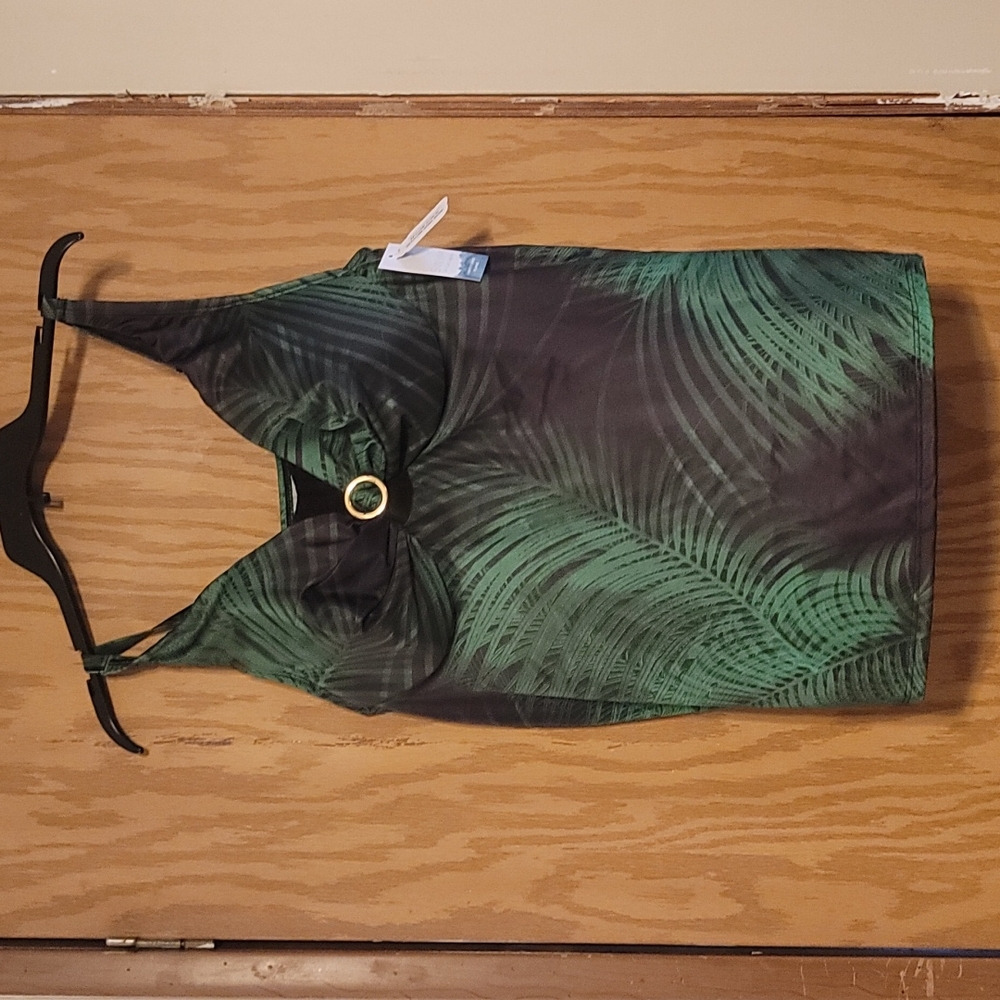 CACIQUE LIGHTLY LINED PLUNGE TANKINI TOP: PALM PRINT: BLACK/GREEN: NWT: SZ 40D